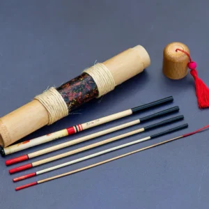 5-piece hand-built bamboo tanago rod set with hand-painted bamboo case and red tassel.