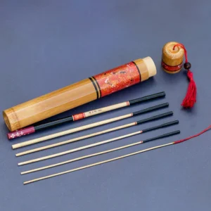 Handcrafted 6-piece bamboo tanago rod with hand-painted red and gold accents