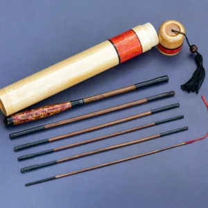 6-piece hand-built bamboo tanago micro fishing rod set with red hand-painted case and tassel.