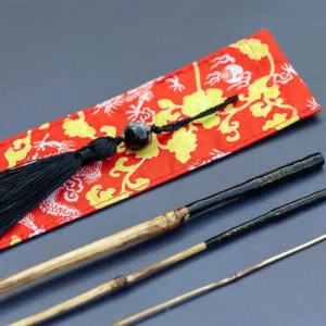 Hand-built 1.78m 3-piece bamboo Tanago rod with custom artisan handle and red dragon-patterned cloth sock