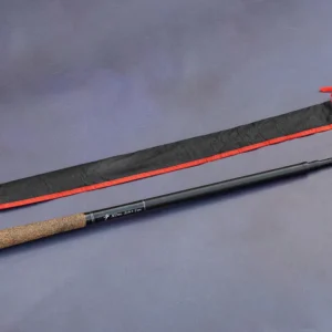 Fly Fishing Artisan Tenkara Graphite 203 hand-built fishing rod with red leather case.